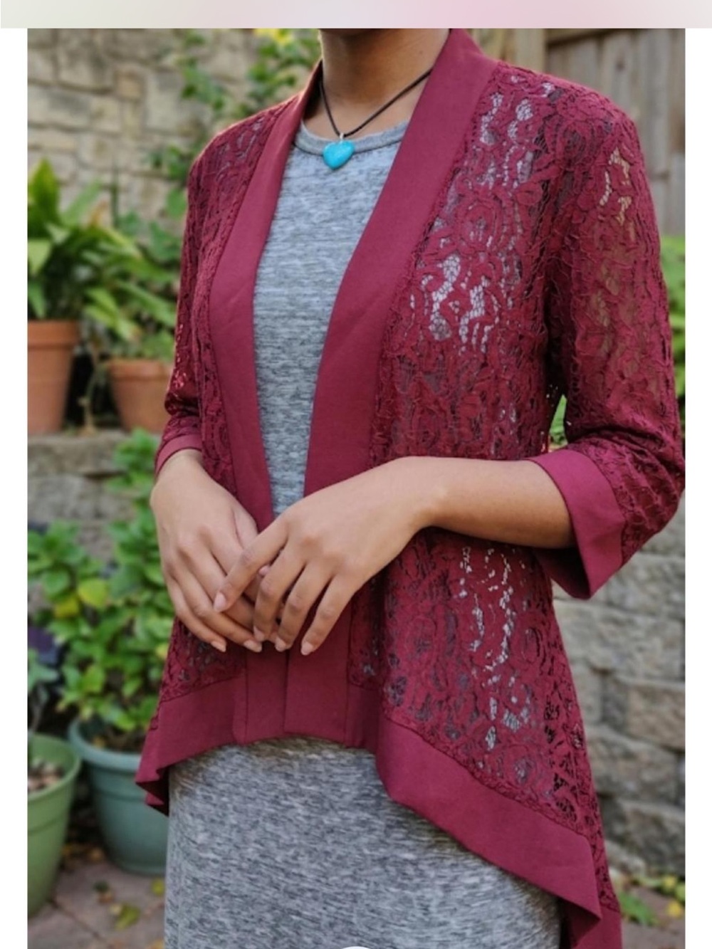 Lace Open-Front Women's Sweater Cardigan - Burgundy